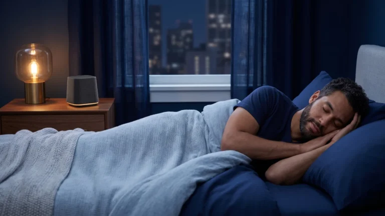 Man sleeping in a modern bedroom with a bedside sound machine for white noise or brown noise