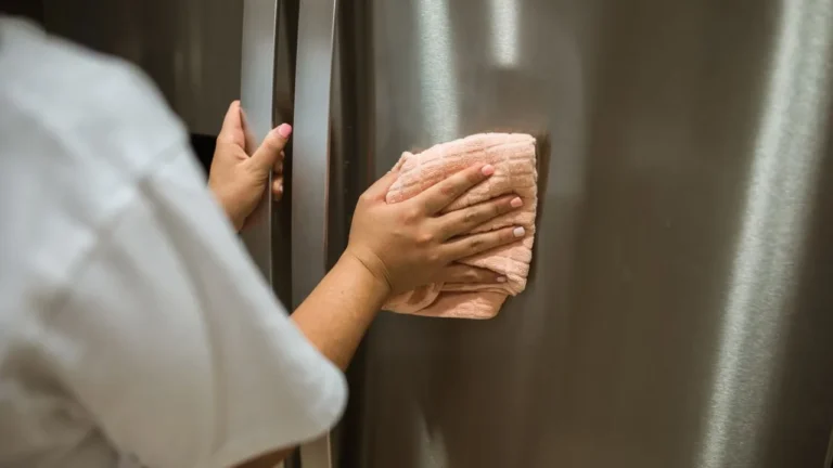 Woman cleaning a stainless steel refrigerator with a microfiber cloth