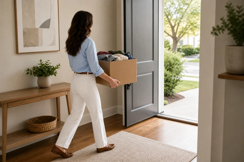 Woman carrying a box of clothes out of the house after decluttering