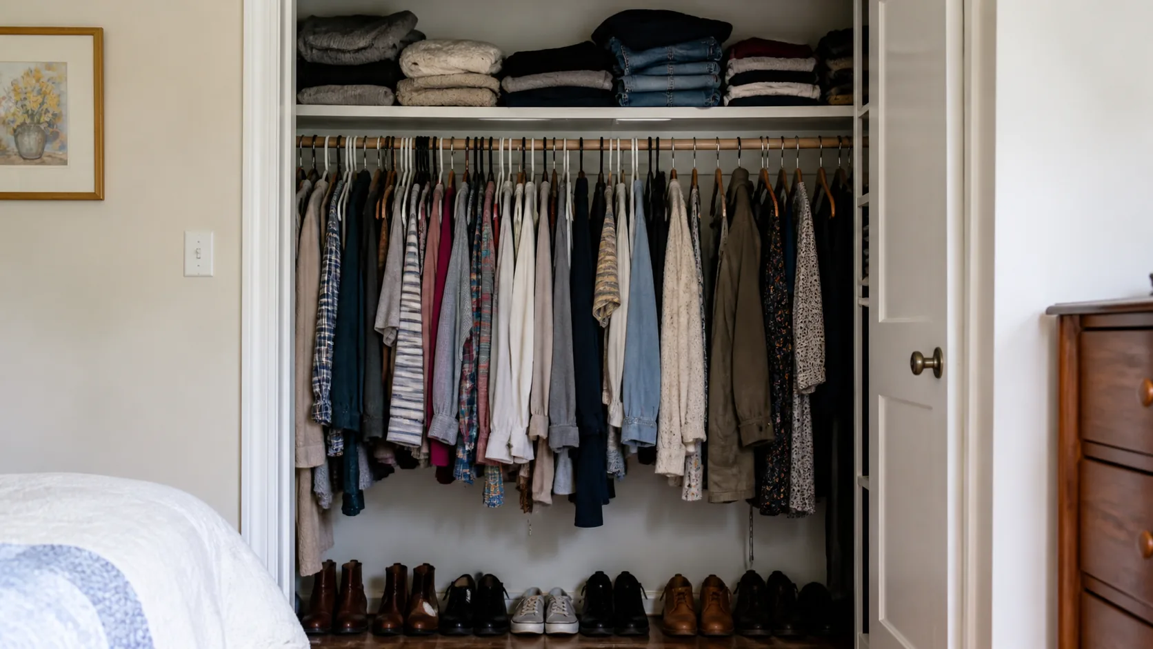 Closet filled with clothes before decluttering