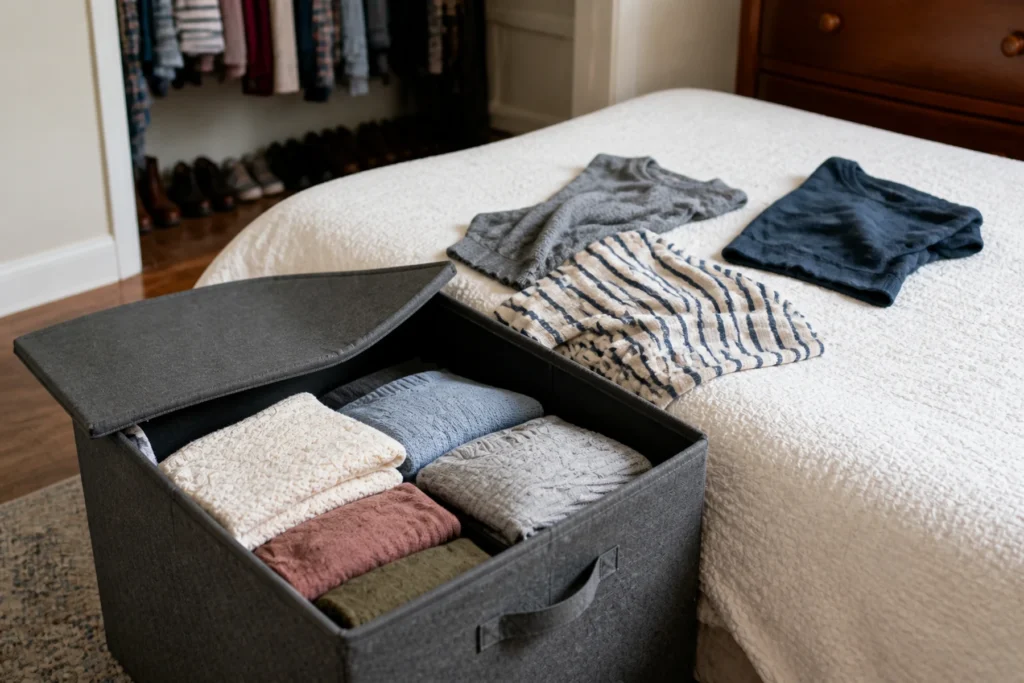 Fabric storage bin used as a temporary maybe box for clothes