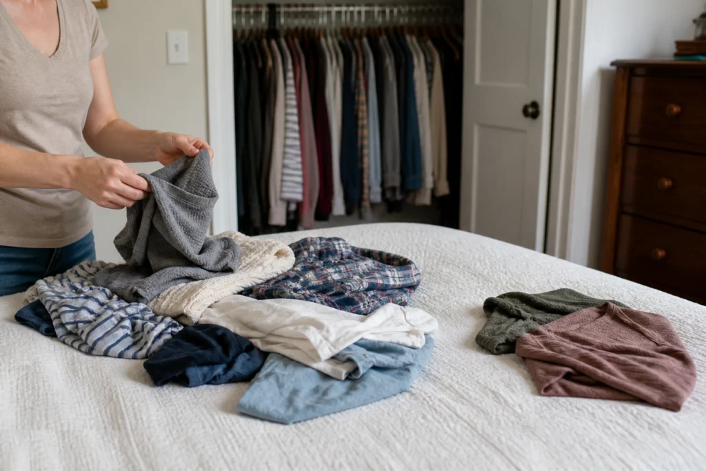 Woman sorting clothes during a closet declutter