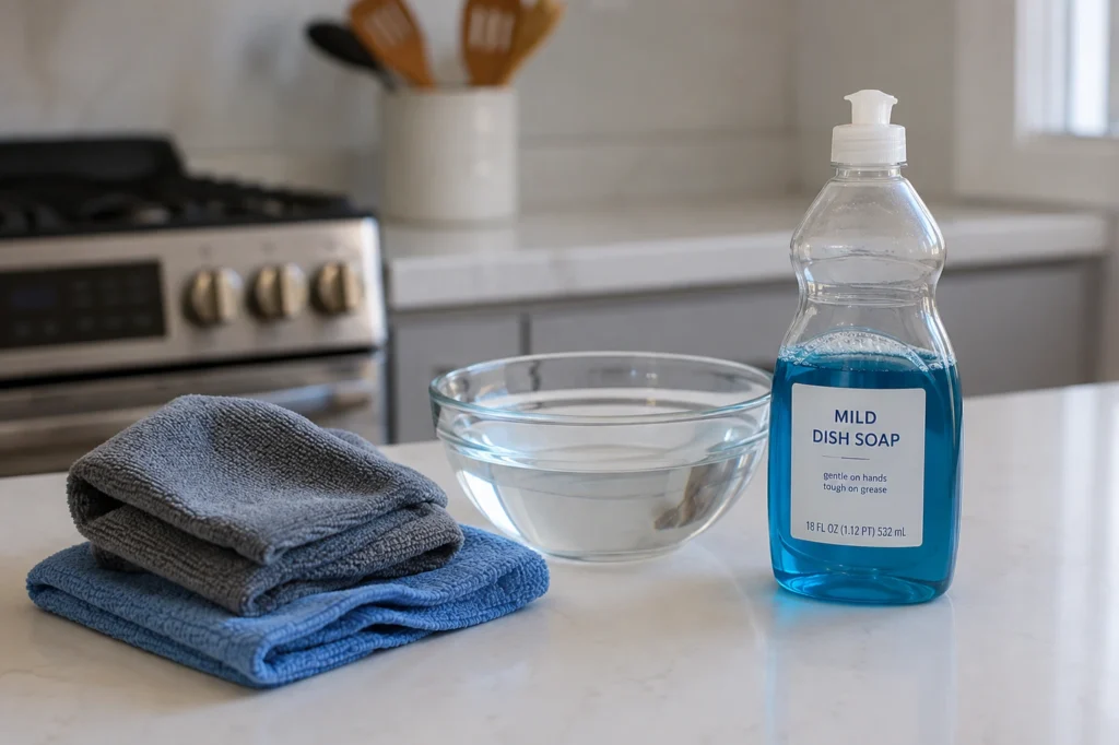 Cleaning supplies for stainless steel appliances including microfiber cloths, warm water, and mild dish soap