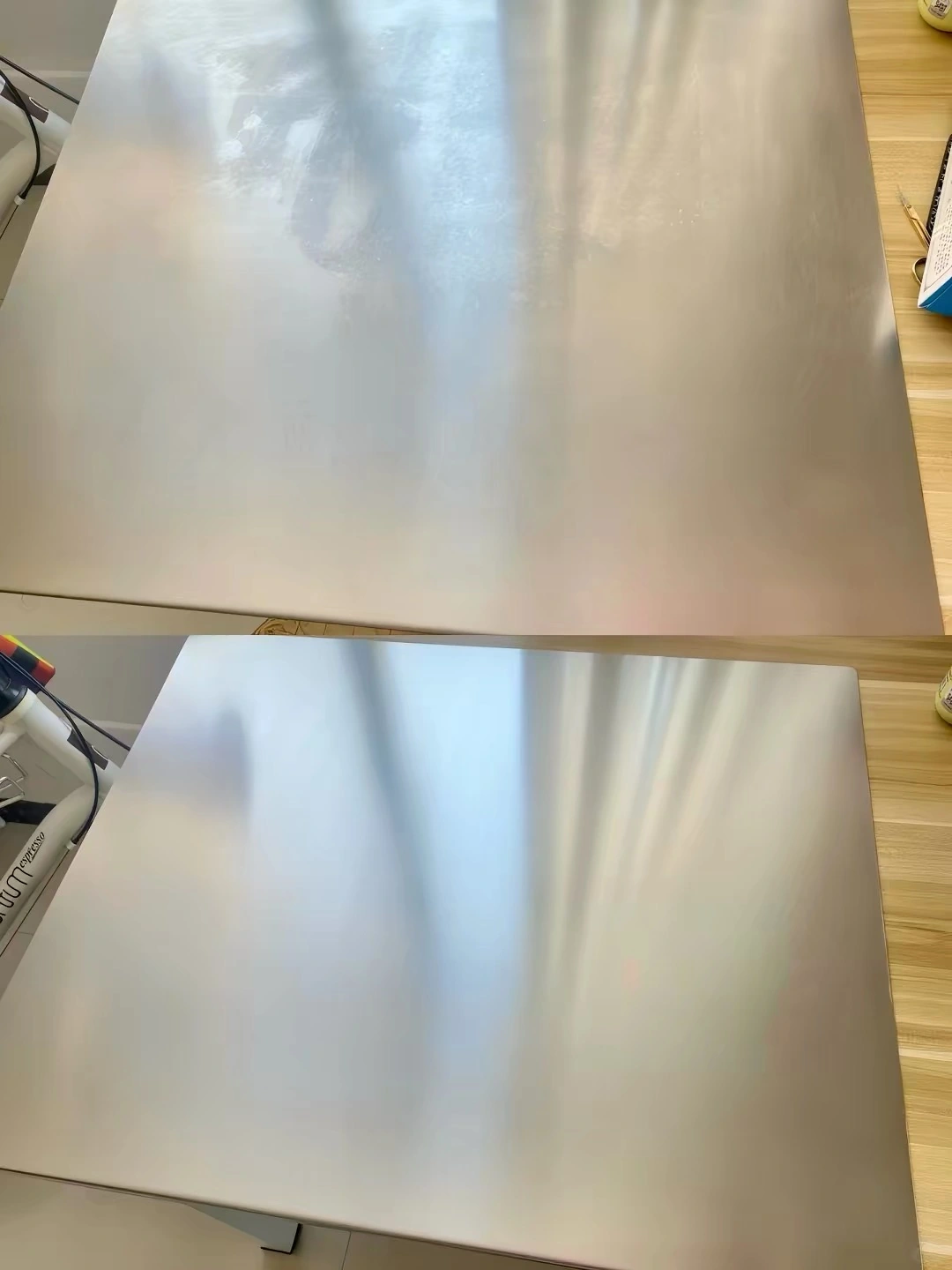 Before-and-after view of water spots and streaks on a stainless steel surface after cleaning