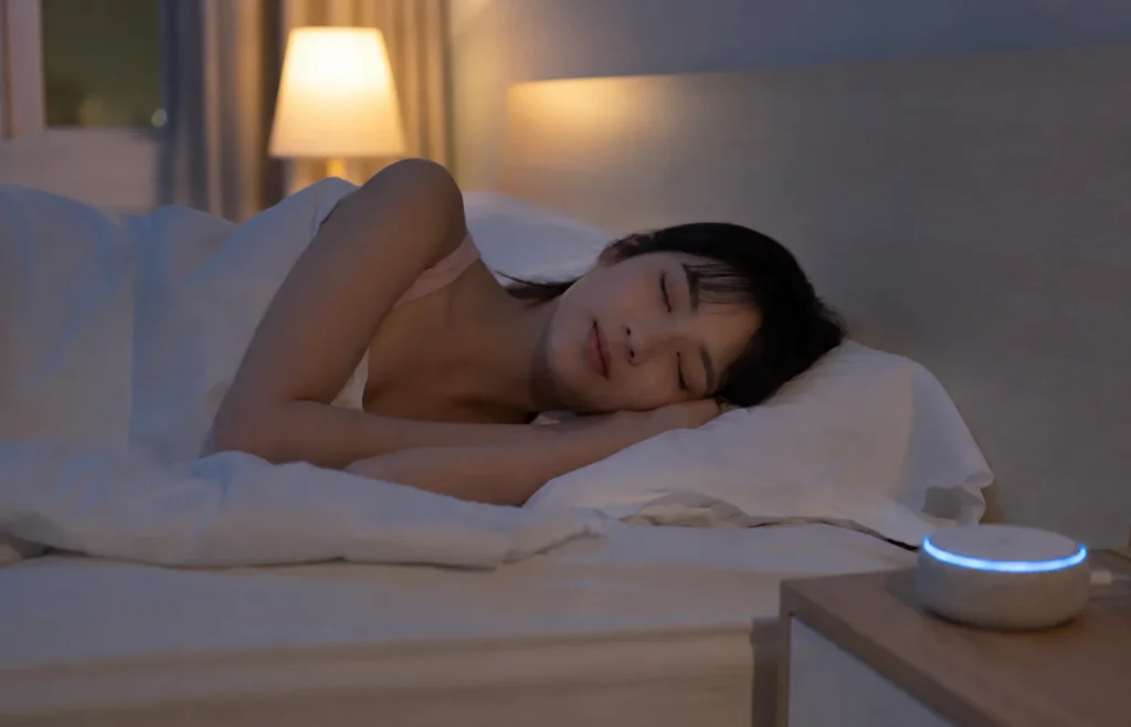Person sleeping with a bedside sound machine in a calm bedroom at night