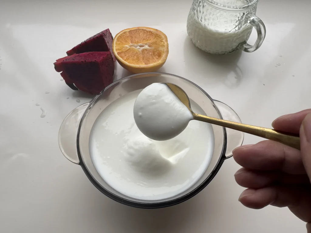 Smooth homemade plain yogurt being lifted with a spoon