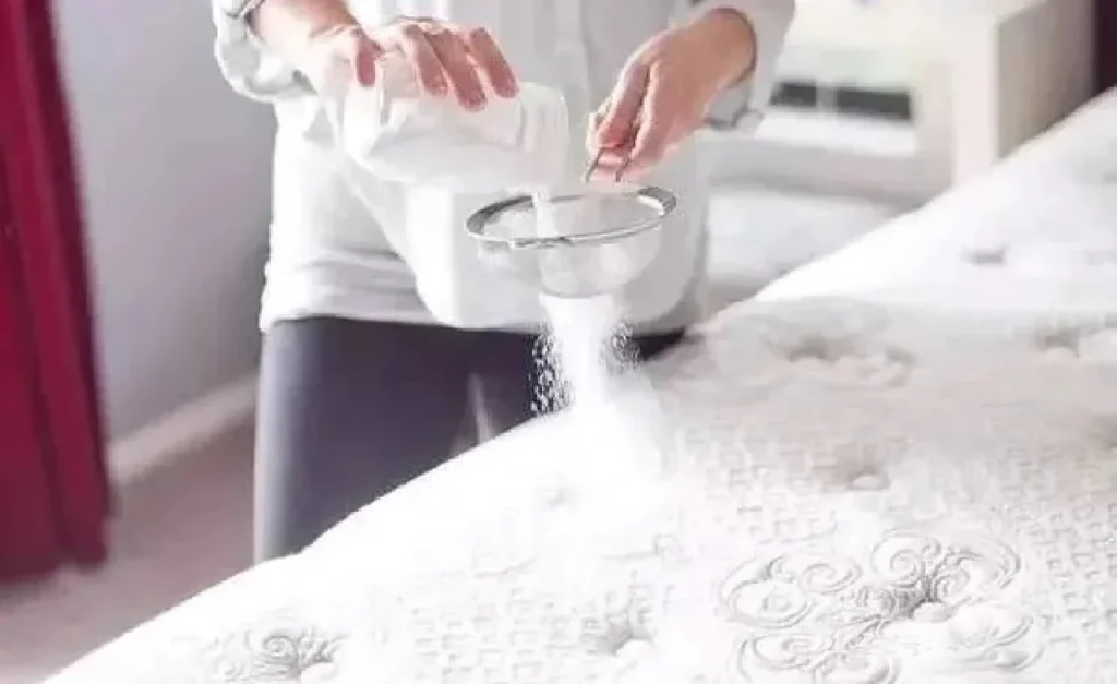 Sprinkling a light layer of baking soda over a mattress