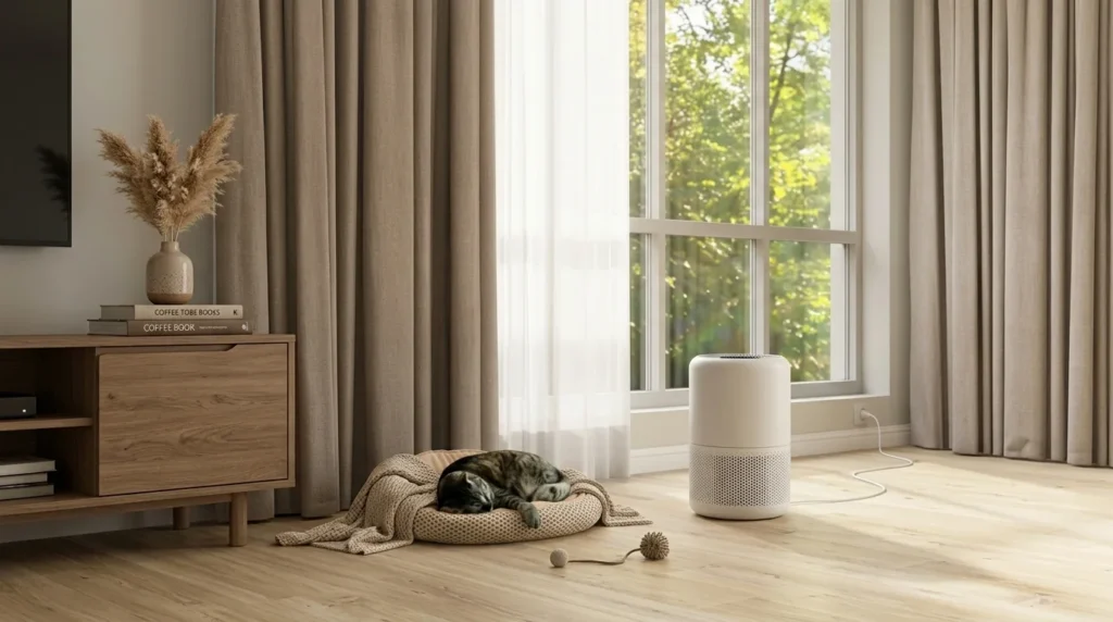 Cat resting near an air purifier in a bright pet-friendly living space