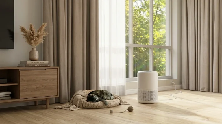 Cat resting near an air purifier in a bright pet-friendly living space