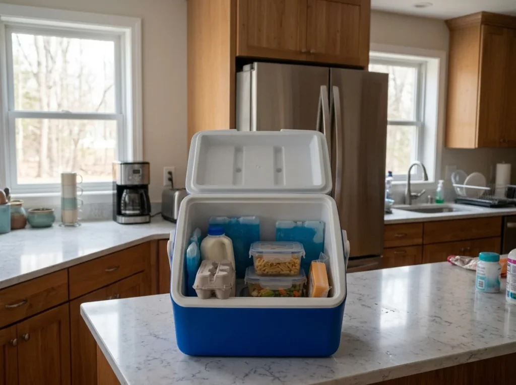 Milk, eggs, and leftovers stored in a cooler with ice packs during a power outage