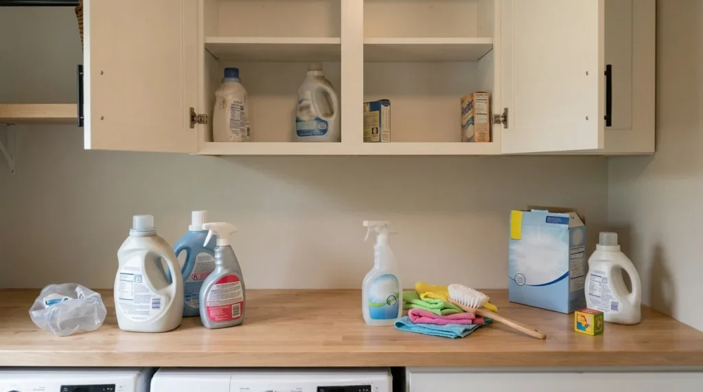Open laundry room cabinet with household supplies removed and grouped on the countertop