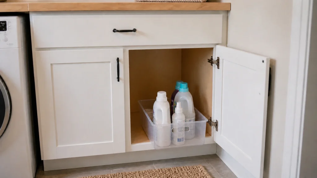Clear pull-forward storage bin making laundry supplies easier to see and reach inside a deep cabinet