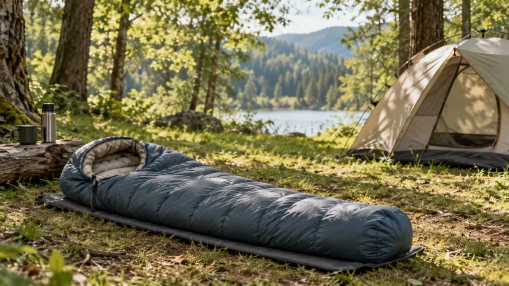 Gray-blue sleeping bag on a pad at a wooded lakeside campsite, with a beige tent in the background.