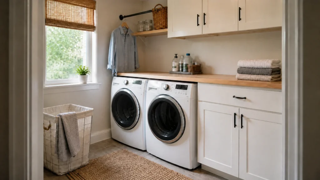 Organized laundry room with cabinets, a folding counter, laundry hamper, and everyday supplies