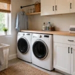 Organized laundry room with cabinets, a folding counter, laundry hamper, and everyday supplies