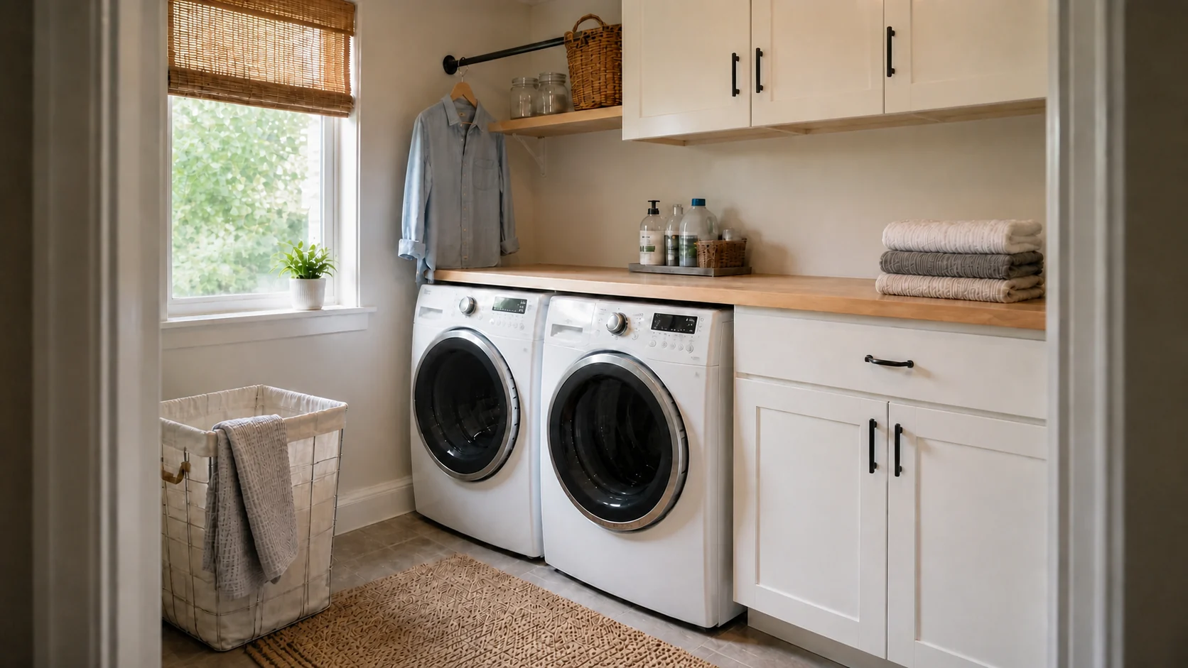 Organized laundry room with cabinets, a folding counter, laundry hamper, and everyday supplies