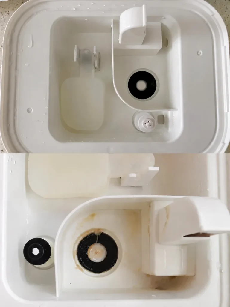 Before and after comparison of mineral buildup inside a humidifier base