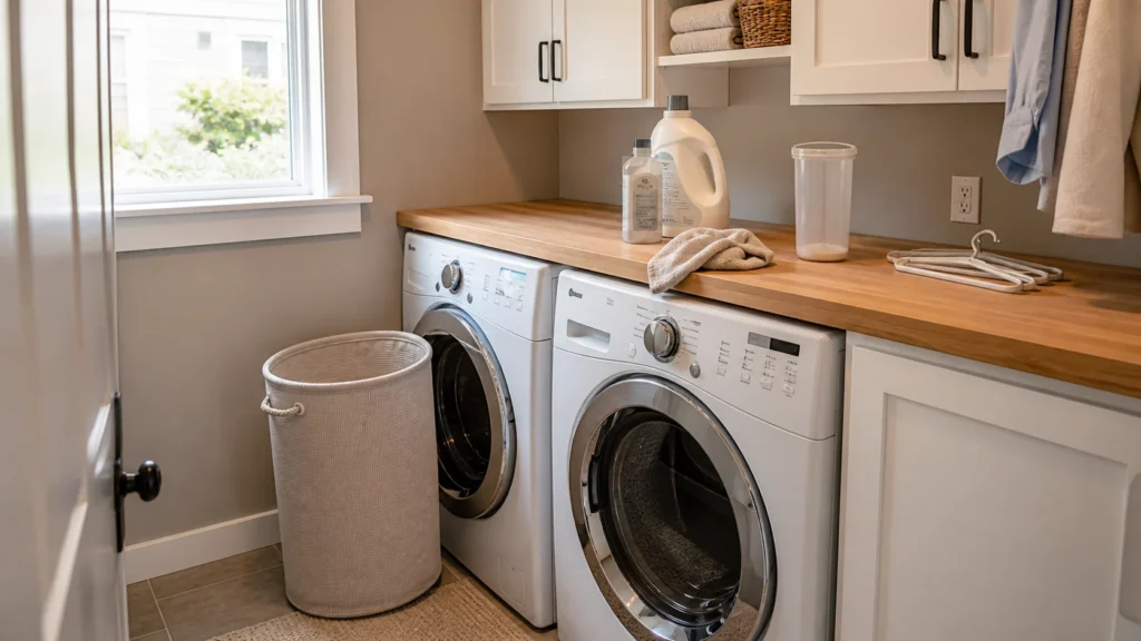 Laundry room with a hamper near the walkway and everyday laundry supplies left on the counter
