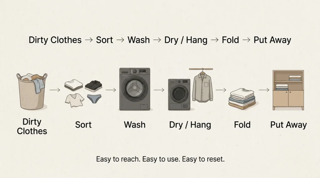 LLaundry workflow diagram showing how to organize laundry room zones for sorting, washing, drying, folding, and putting clothes away