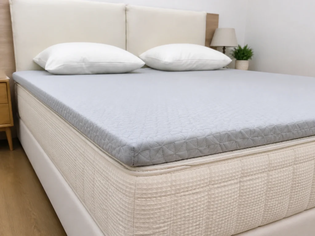 Memory foam topper on memory foam mattress in a bedroom