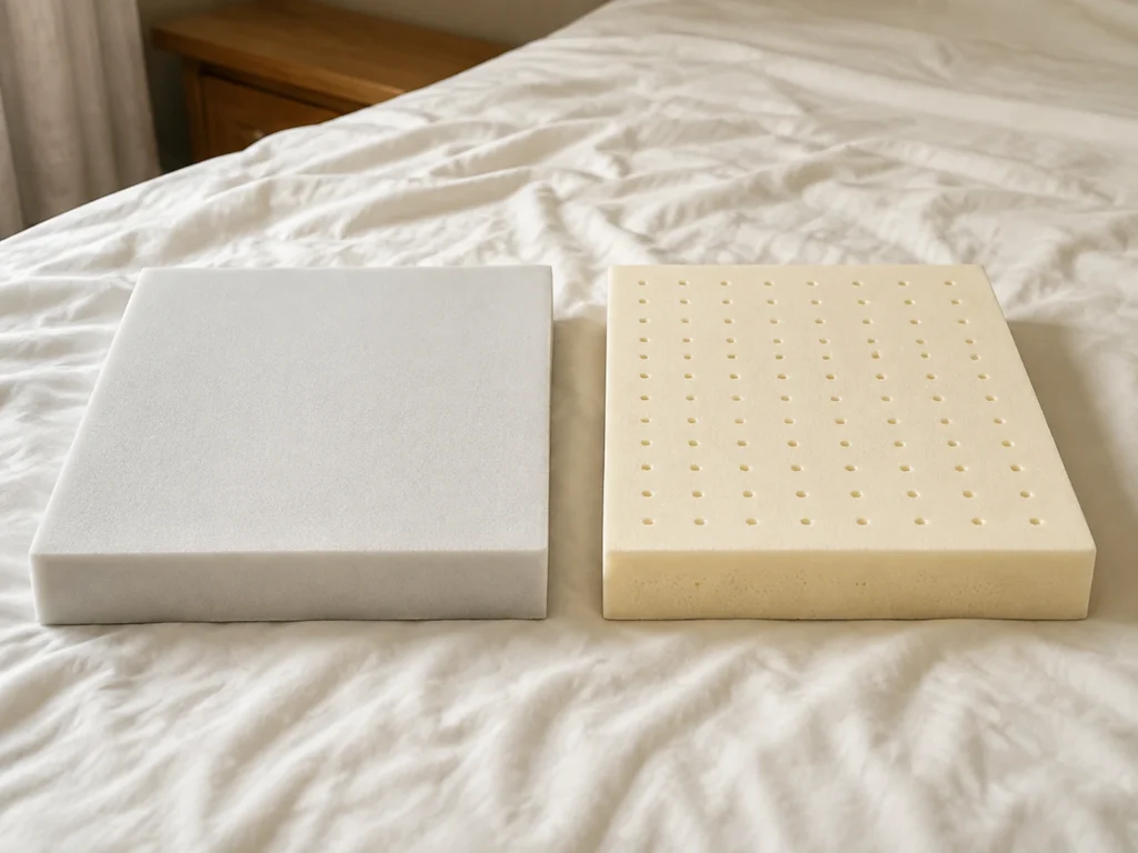 Memory foam and latex mattress topper materials shown side by side on a bed