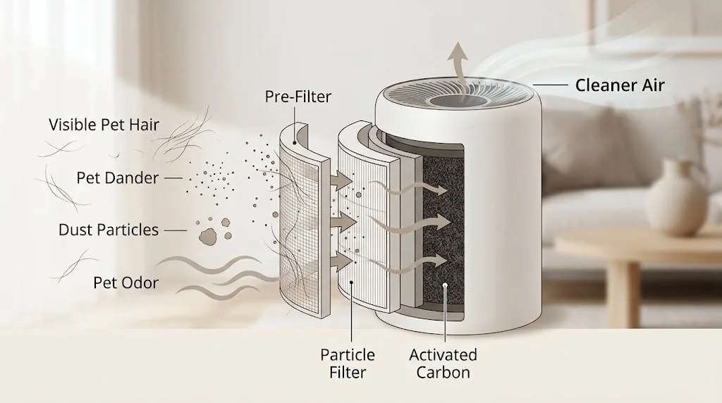 Diagram showing pet hair, dander and dust filtered as particles while activated carbon handles pet odor