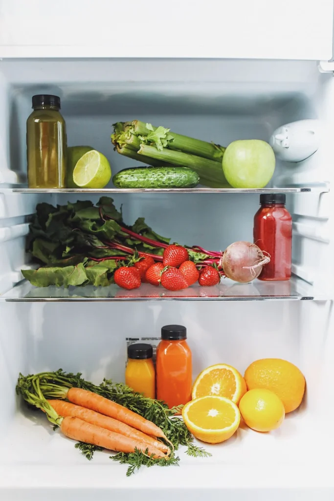 Food and containers stored inside a home refrigerator