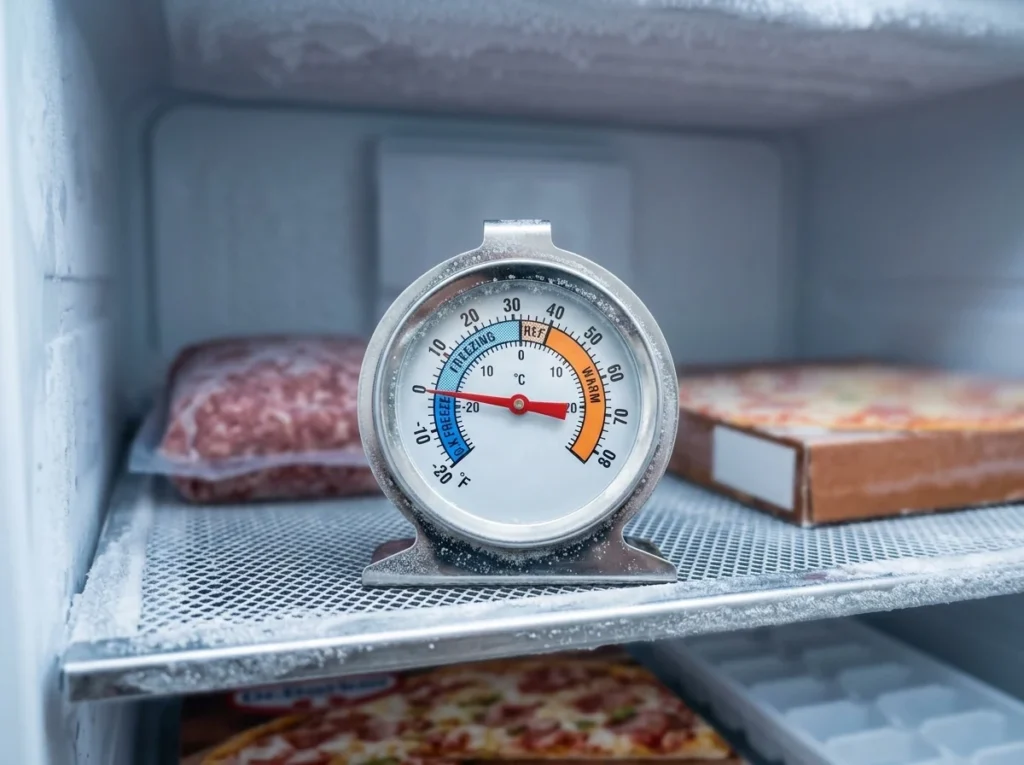 Analog freezer thermometer showing about 0°F inside a home freezer