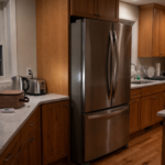 Stainless steel refrigerator in a warmly lit home kitchen at night