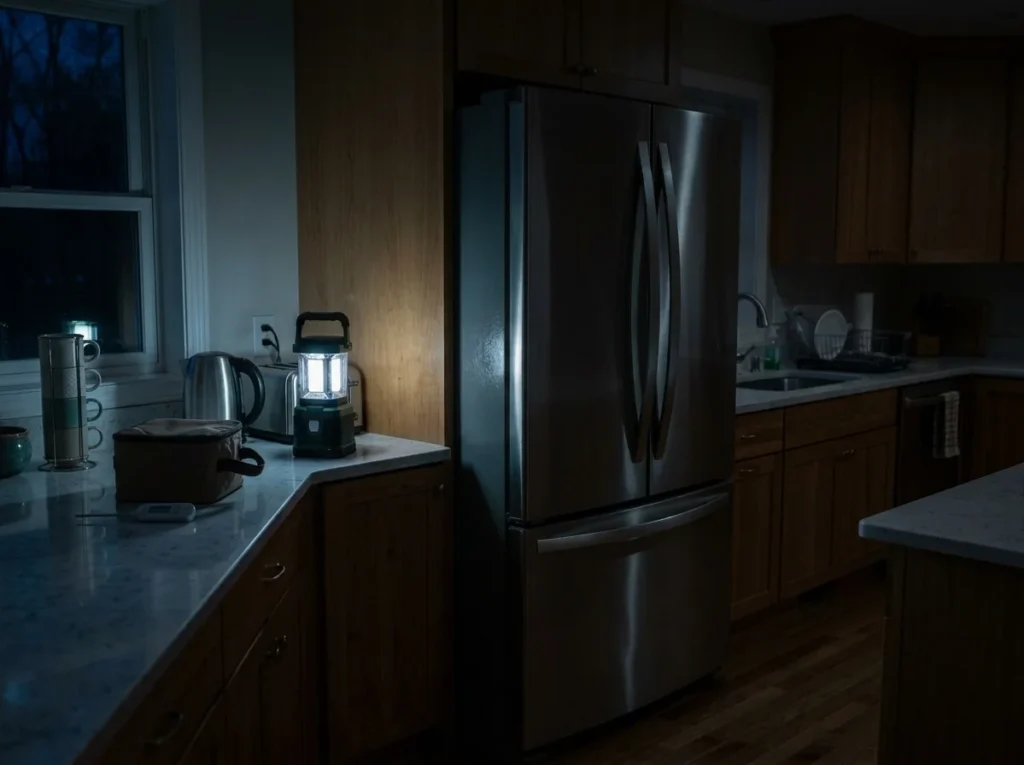 Closed refrigerator in a dark kitchen during a power outage
