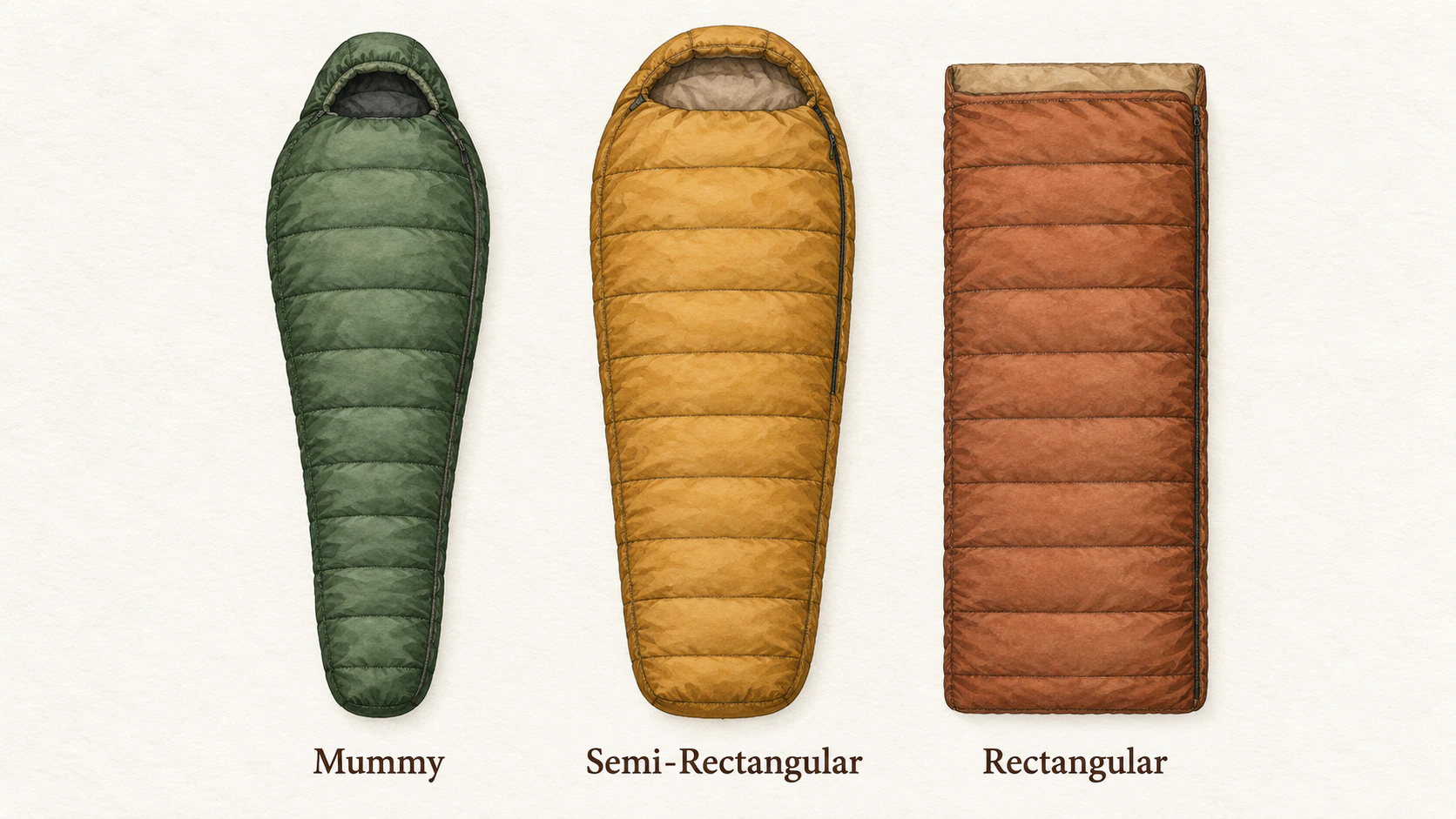 Illustration of three sleeping bag shapes: green mummy, yellow semi-rectangular, and rust-colored rectangular.