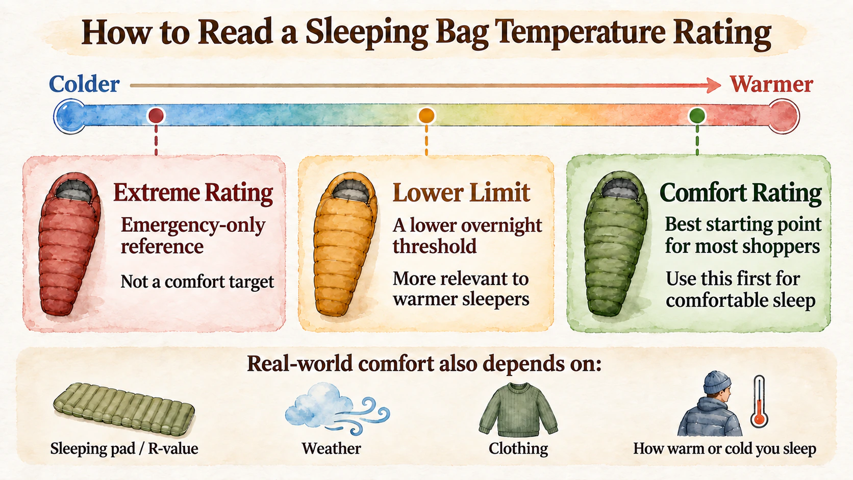 Chart comparing extreme, lower-limit, and comfort sleeping bag temperature ratings, with comfort highlighted as a buying starting point.