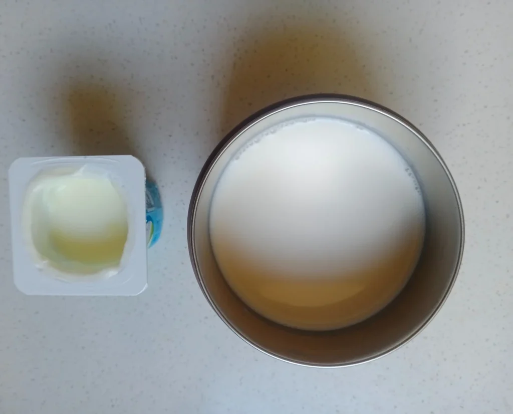 A metal bowl of milk above an opened cup of plain yogurt on a kitchen counter.