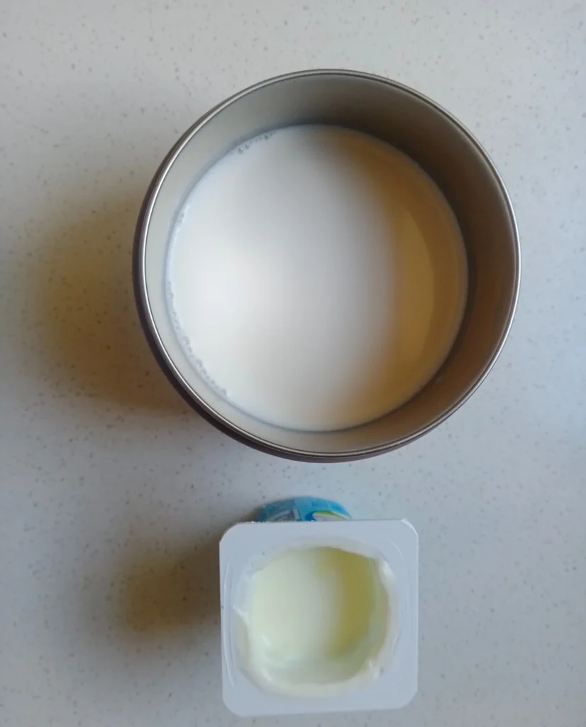 A metal bowl of milk above an opened cup of plain yogurt on a kitchen counter.