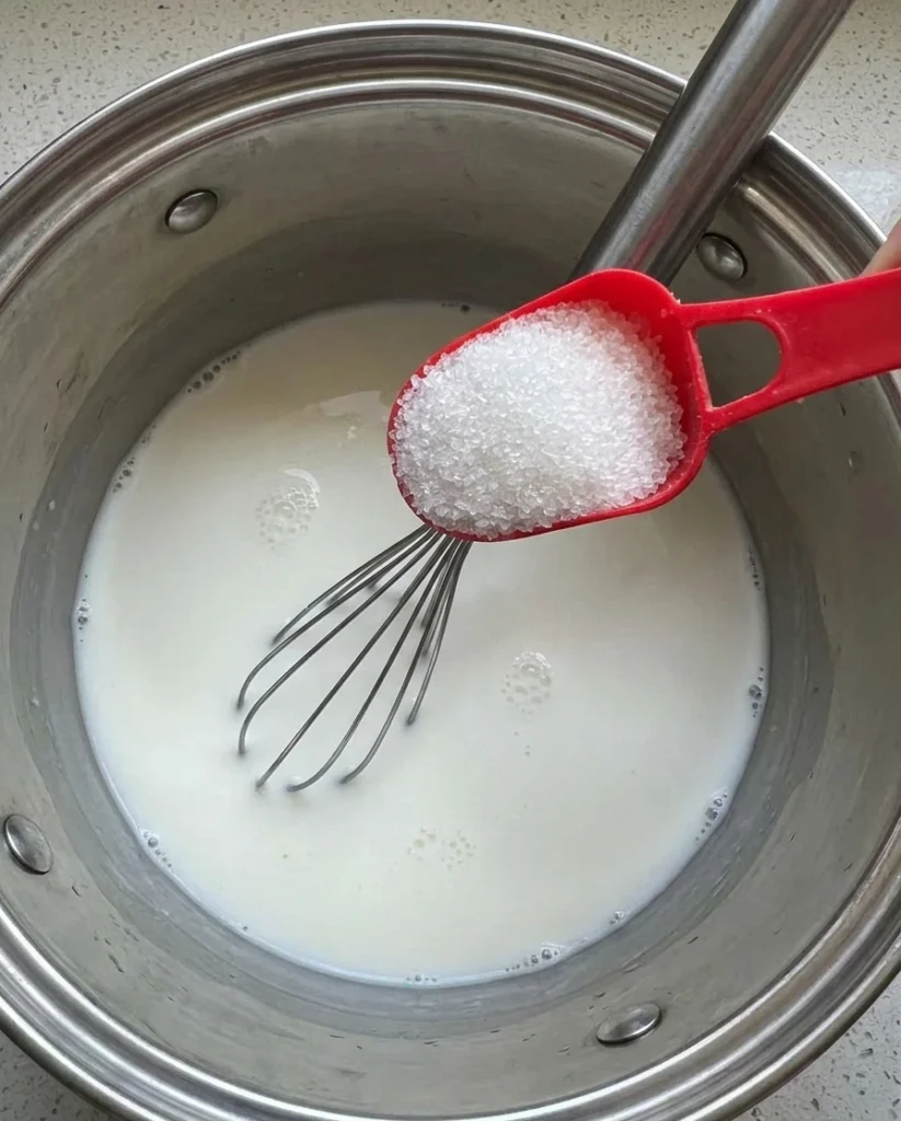A red measuring spoon holding granulated sugar over milk and a whisk in a stainless steel pot
