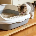 Kitten sniffing cat litter beside a white and gray litter box