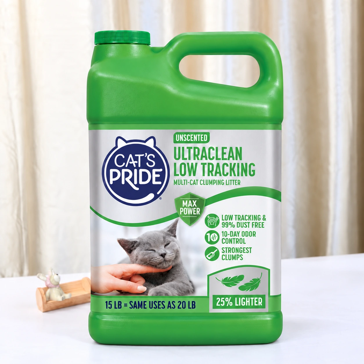 A green 15 lb jug of Cat's Pride UltraClean Low Tracking unscented clumping cat litter.