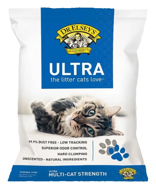 A 40 lb bag of Dr. Elsey's Ultra Unscented clumping cat litter in blue-and-white packaging.