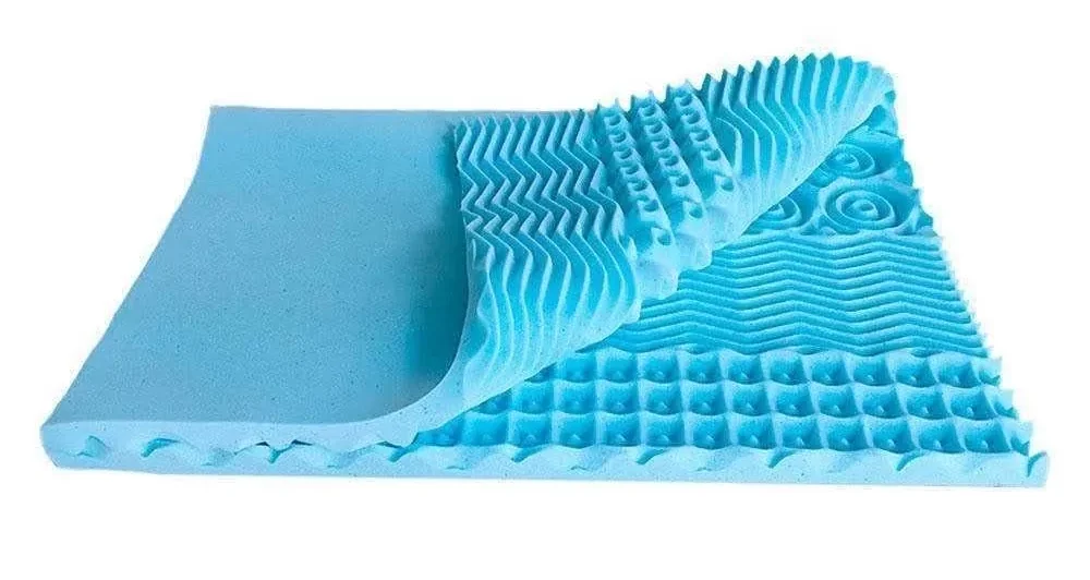 Blue memory foam mattress topper with contoured foam surface