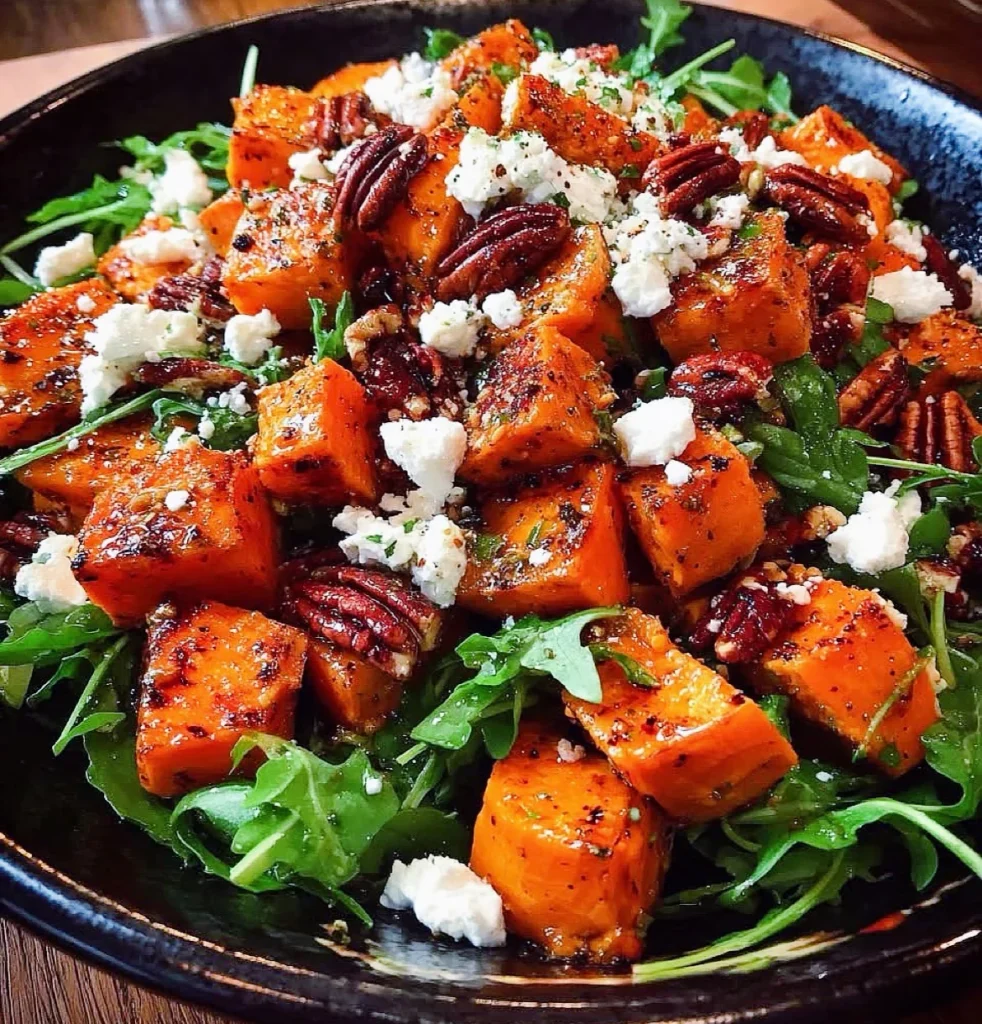 Roasted sweet potato cubes over leafy greens with crumbled cheese and nuts.