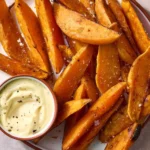Roasted sweet potato wedges served with a small bowl of creamy dipping sauce.