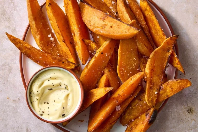 Roasted sweet potato wedges served with a small bowl of creamy dipping sauce.