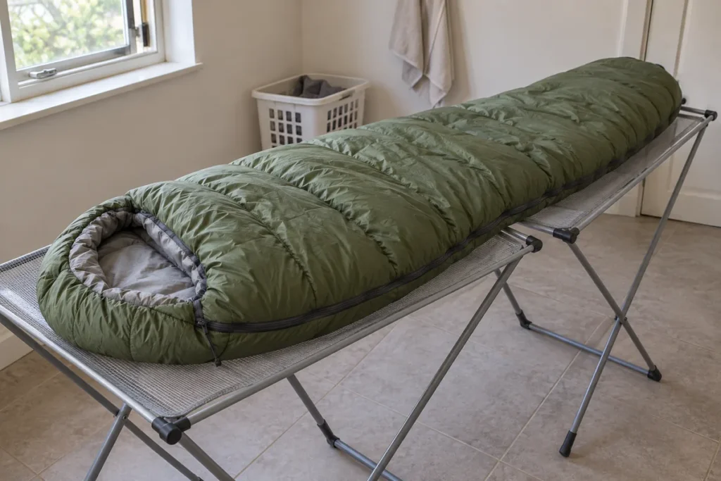 An olive-green sleeping bag laid flat across a mesh drying rack near a window.