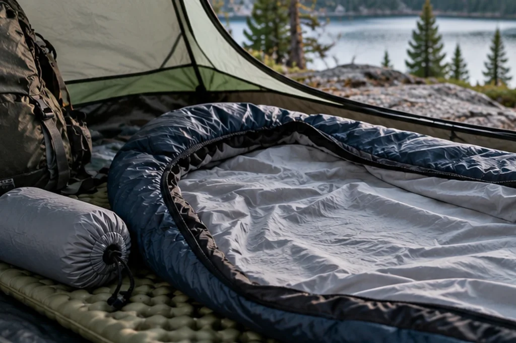 Sleeping bag liner inside a mummy sleeping bag at a campsite