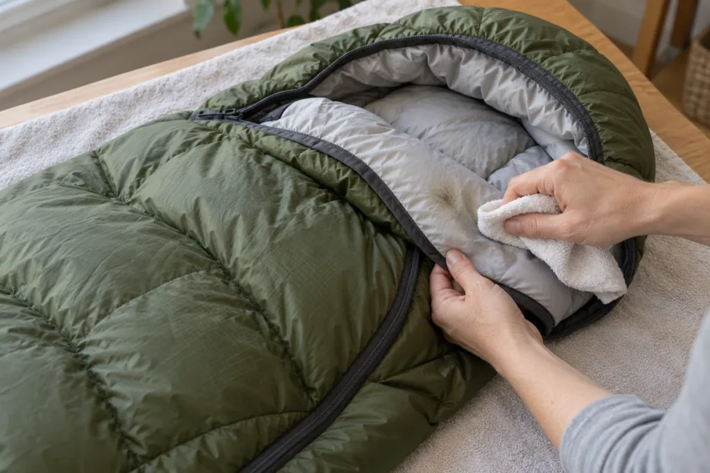 Hands wiping a small stain from the gray lining of an olive-green sleeping bag with a soft cloth.